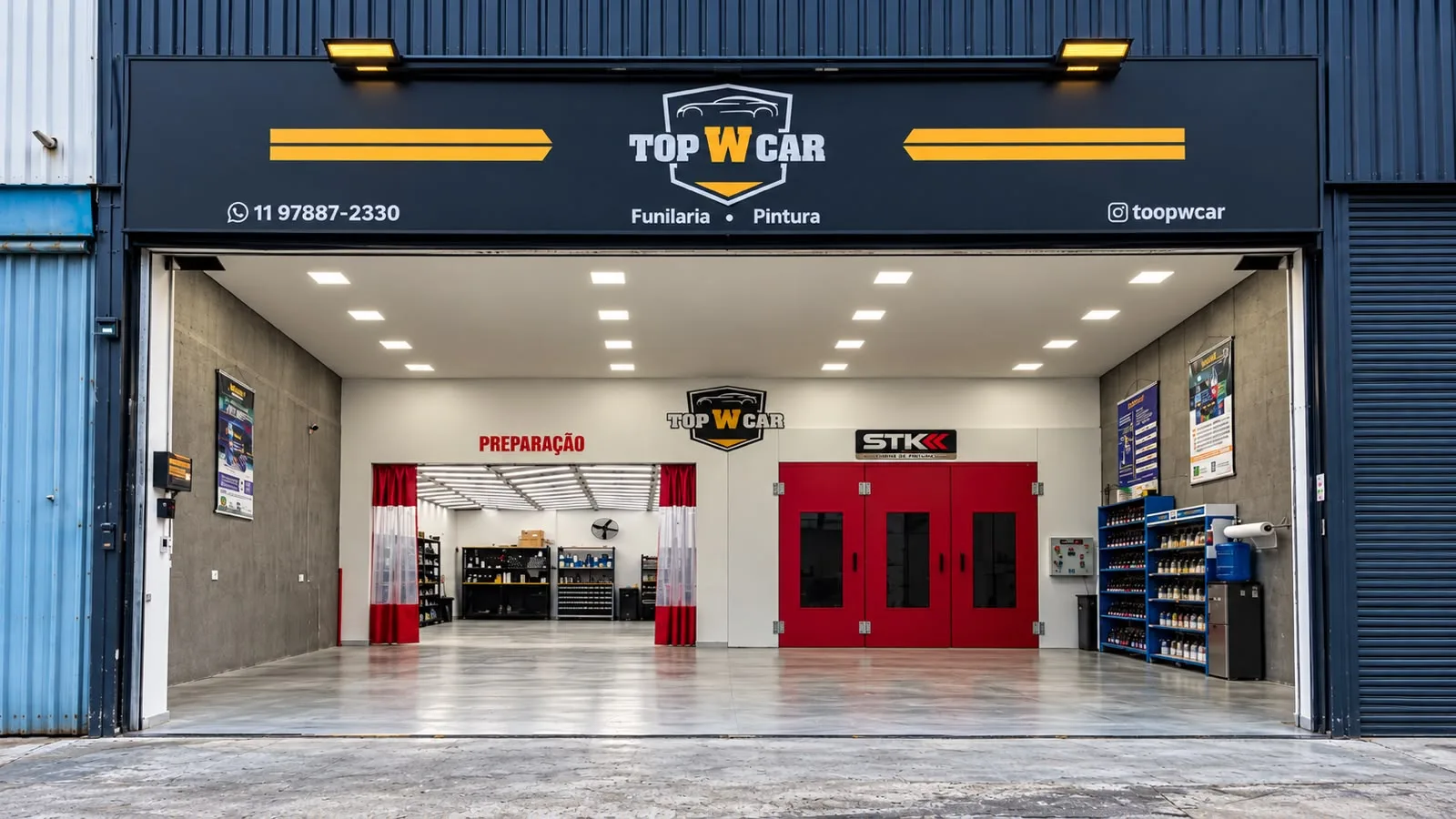 Fachada da oficina TopWCar em São Miguel, com a cabine de pintura ao fundo